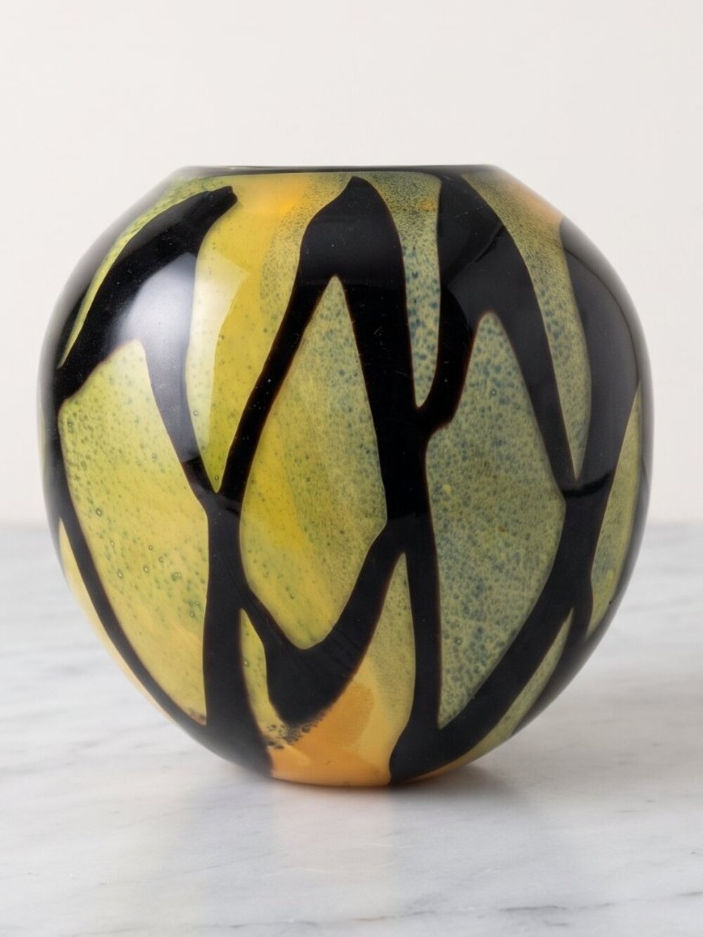 Large Hand Blown Studio Art Glass Vase Black Ribbon Olive Amber Abstract 11"